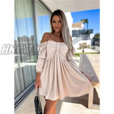 Hnewly Summer Womens Sexy Off Shoulder Half Sleeve Mini Dress Solid Party One Slim Bow Fashion